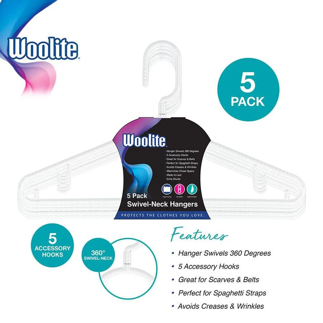 Woolite Swivel Neck Hanger with Accessory Hook | Pack of 5 - White