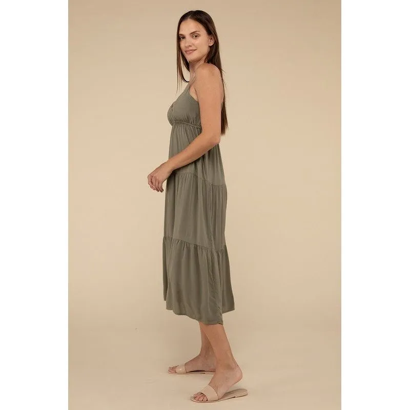 Woven Sweetheart Neckline Tiered Cami Midi Dress