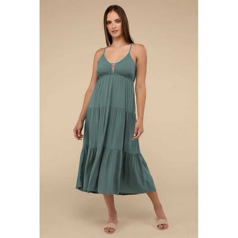 Woven Sweetheart Neckline Tiered Cami Midi Dress