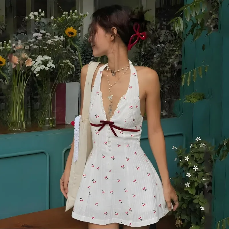 Y2K Cherry Halter Neck Mini Dress