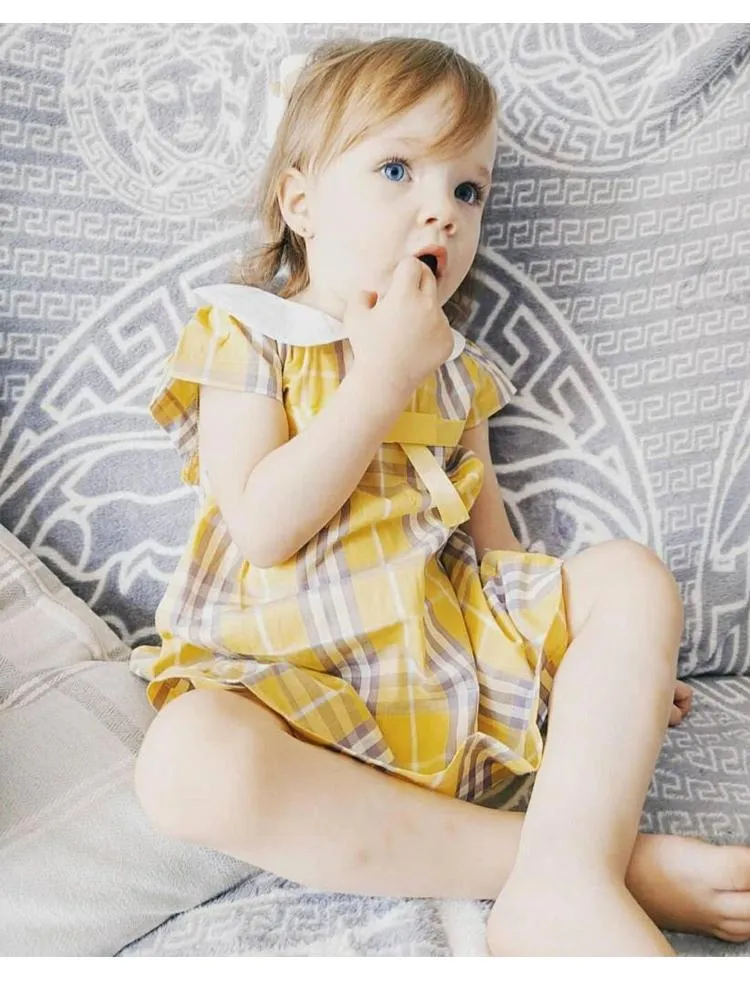 Yellow Plaid Girls Peter Pan Collar Dress 3 to 6 Years