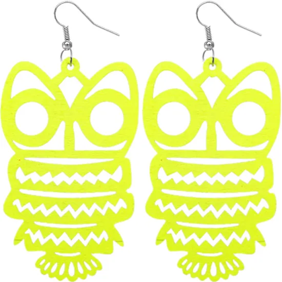 Yellow Wooden Hoot Owl Earrings